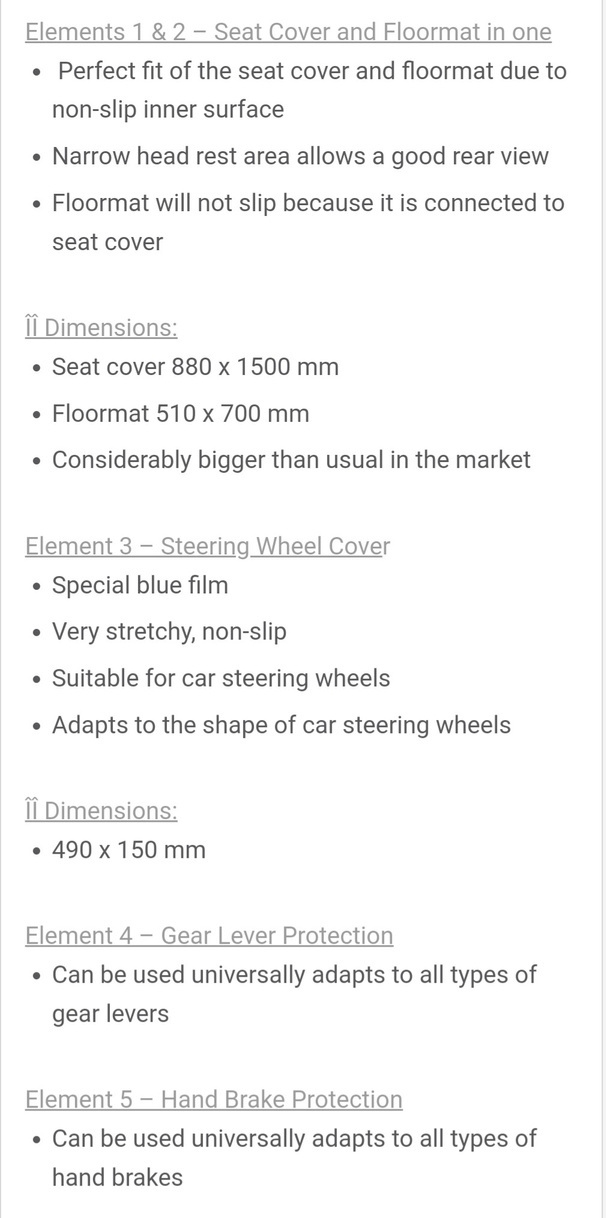 Description of elements of 5in1 seatcovers